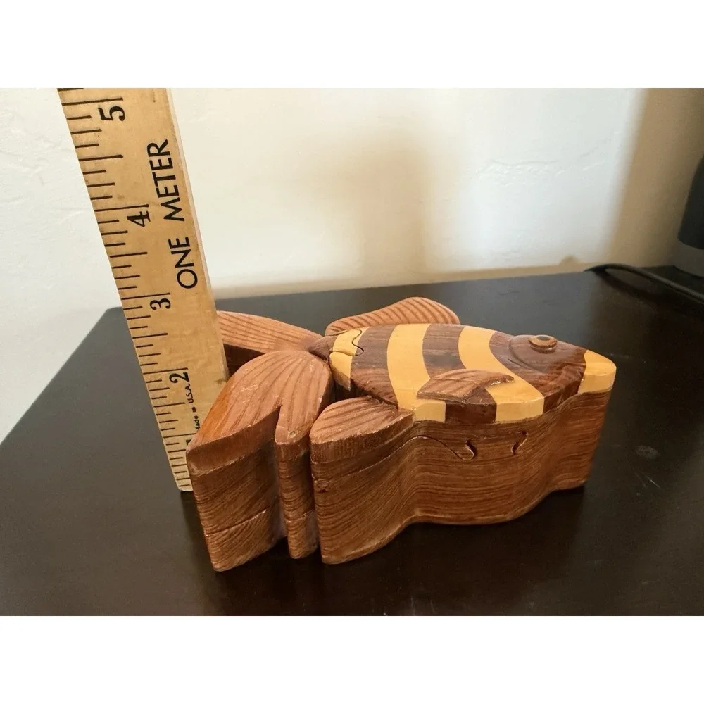 Fish- Wooden Puzzle Box Decorative Jewelry Trinket Box Handmade Vtg‎ Red Velvet